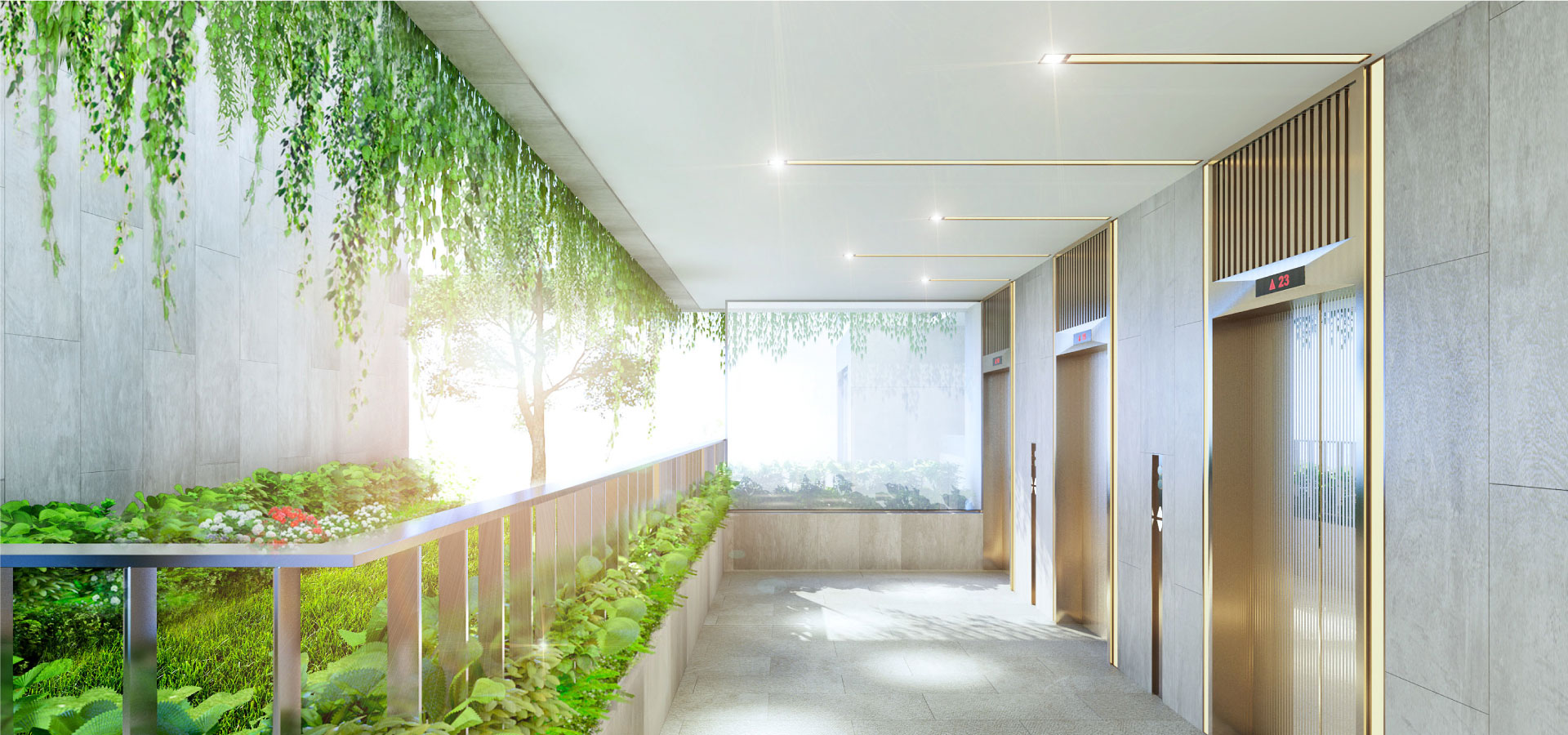 Cuộc sống tươi mới với sắc xanh len lỏi mọi ngóc ngách. Từ khu vườn treo, công viên nội khu cho đến tường nhà hay ban công đều được khoác lên mình tấm áo choàng xanh. Chỉ cần mở cửa là thấy sự sống của cỏ cây.